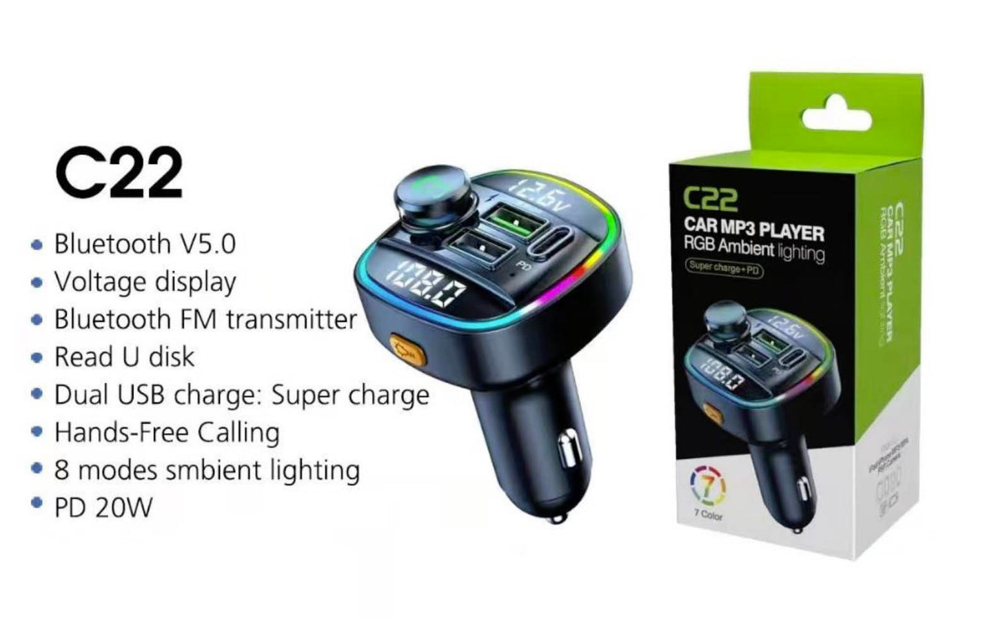 C22 Bluetooth FM Transmitter Car MP3 Music Player PD Type-C + Dual USB Car Charger